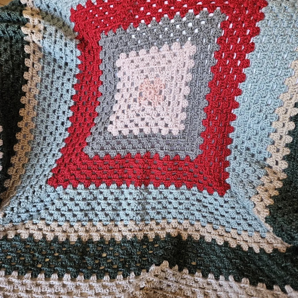Handmade Granny Square Blanket Red, Pink, Tan, Grey, Green 100% Washable Acrylic